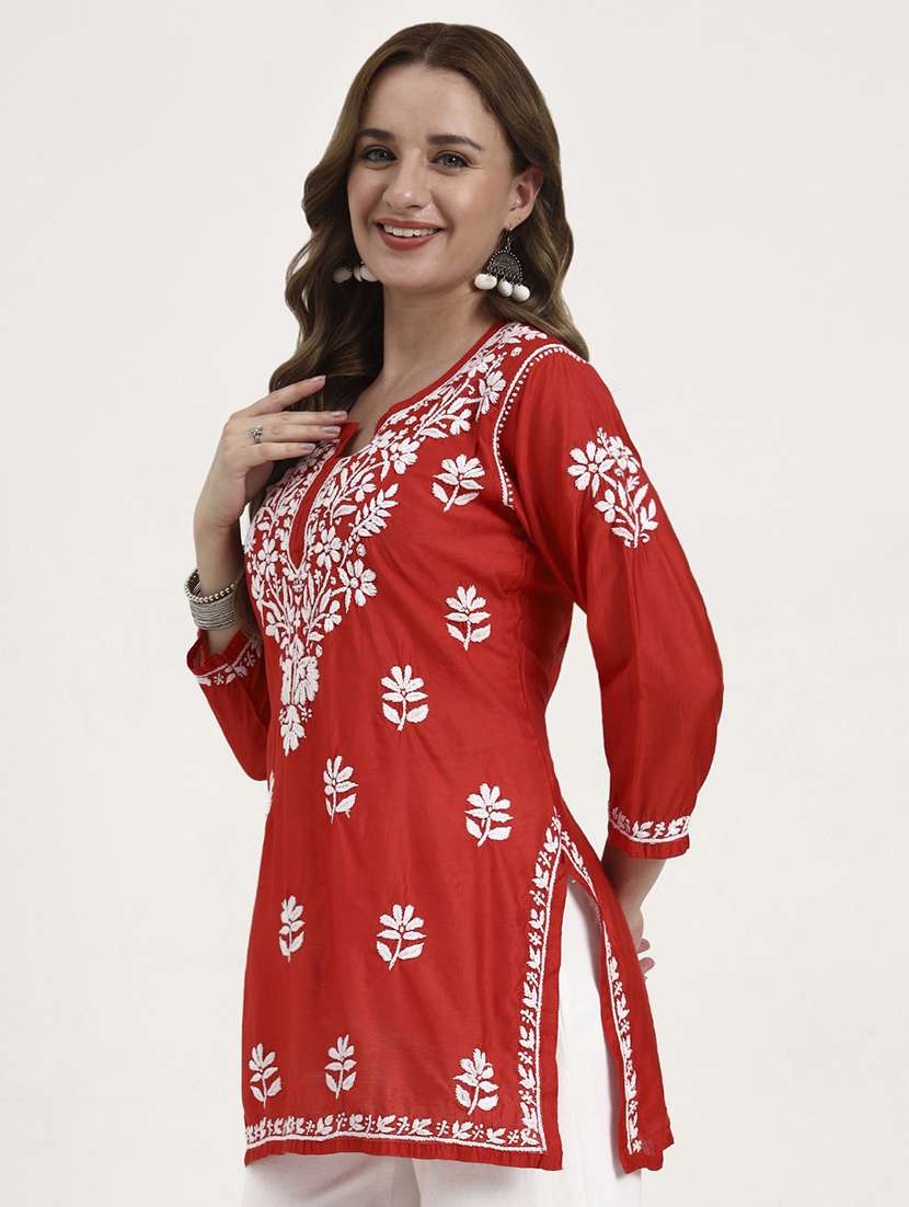 women solid with work long sleeve chikankari straight kurti - 22181358 -  Standard Image - 2