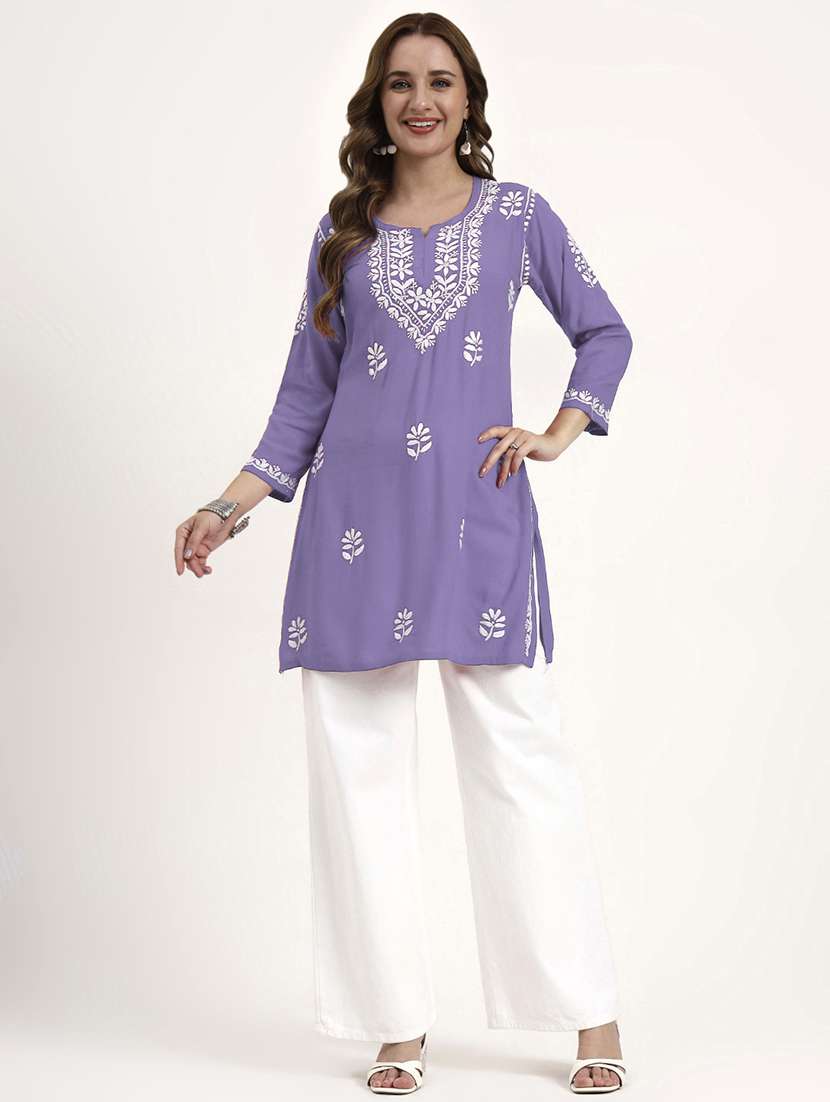 women solid with work long sleeve chikankari straight kurti - 22181359 -  Standard Image - 2