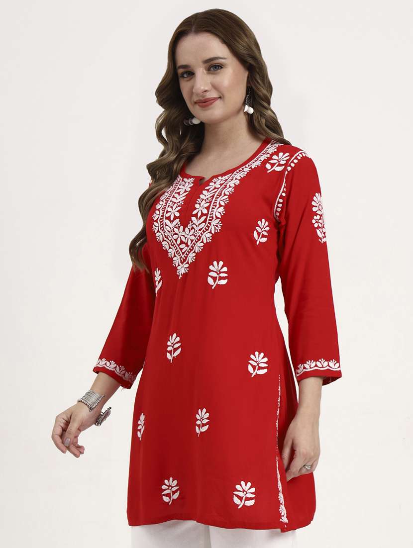 women solid with work long sleeve chikankari straight kurti - 22181360 -  Standard Image - 2