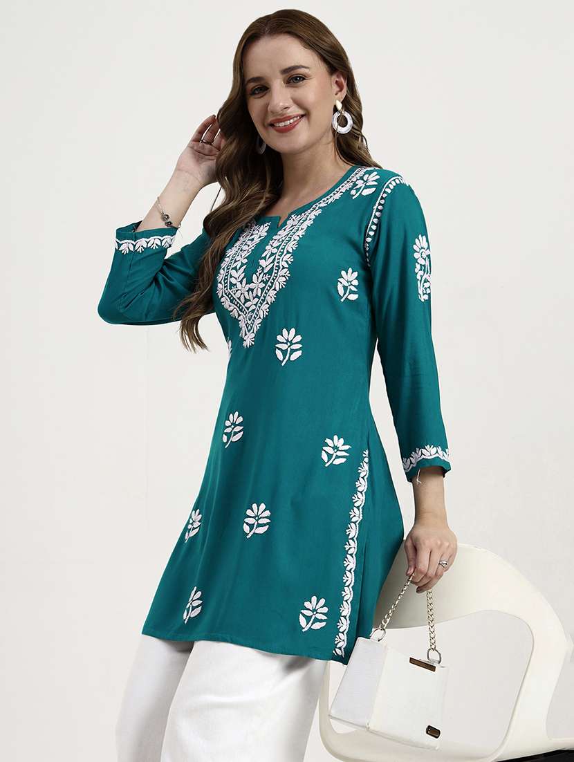 women solid with work long sleeve chikankari straight kurti - 22181361 -  Standard Image - 2