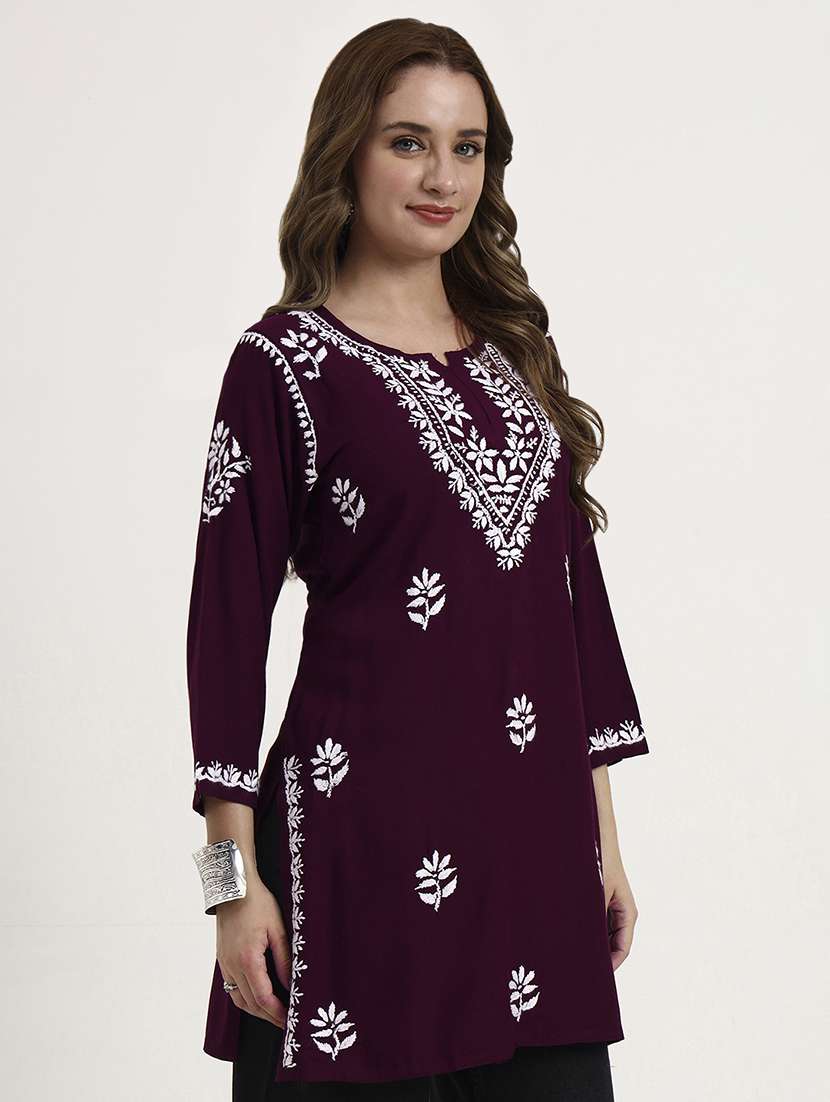 women solid with work long sleeve chikankari straight kurti - 22181362 -  Standard Image - 2