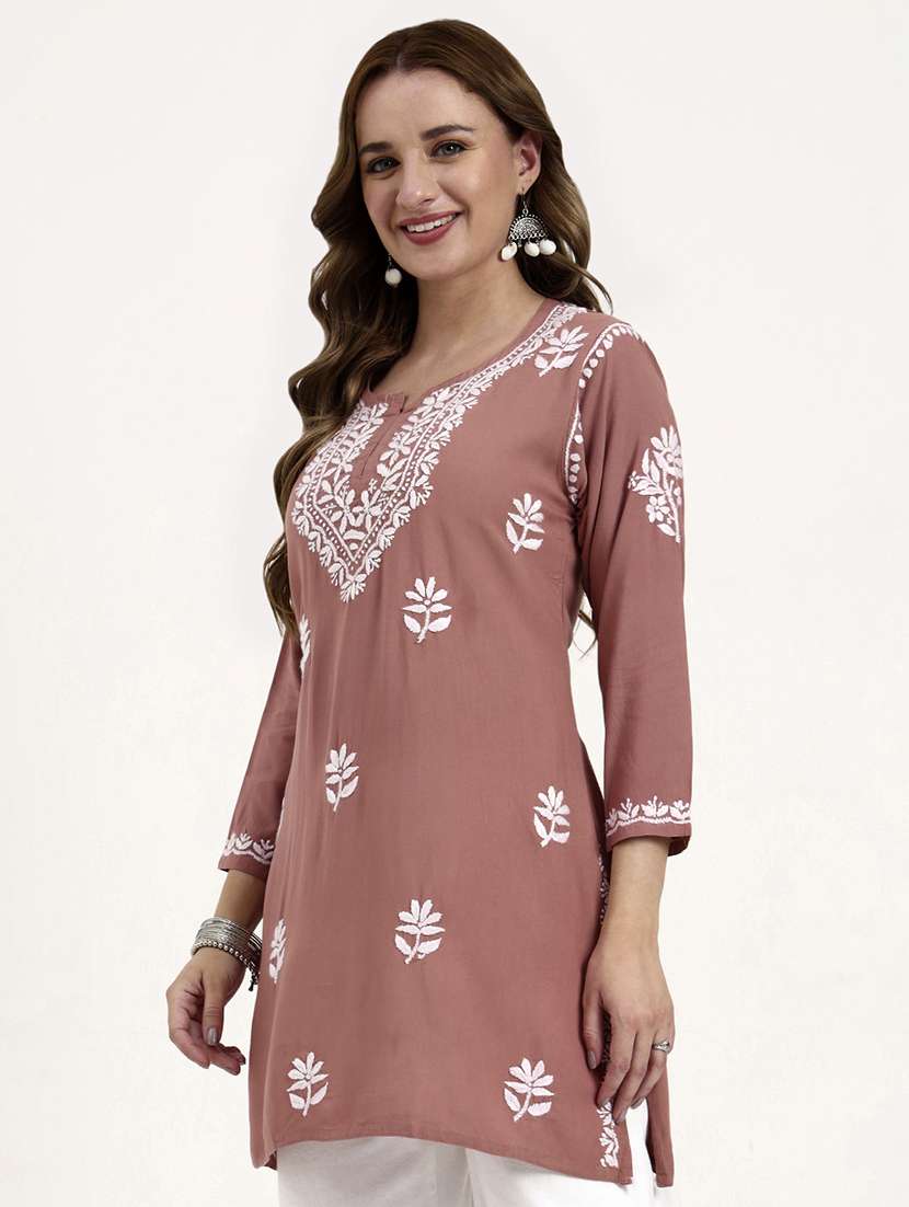 women solid with work long sleeve chikankari straight kurti - 22181364 -  Standard Image - 2