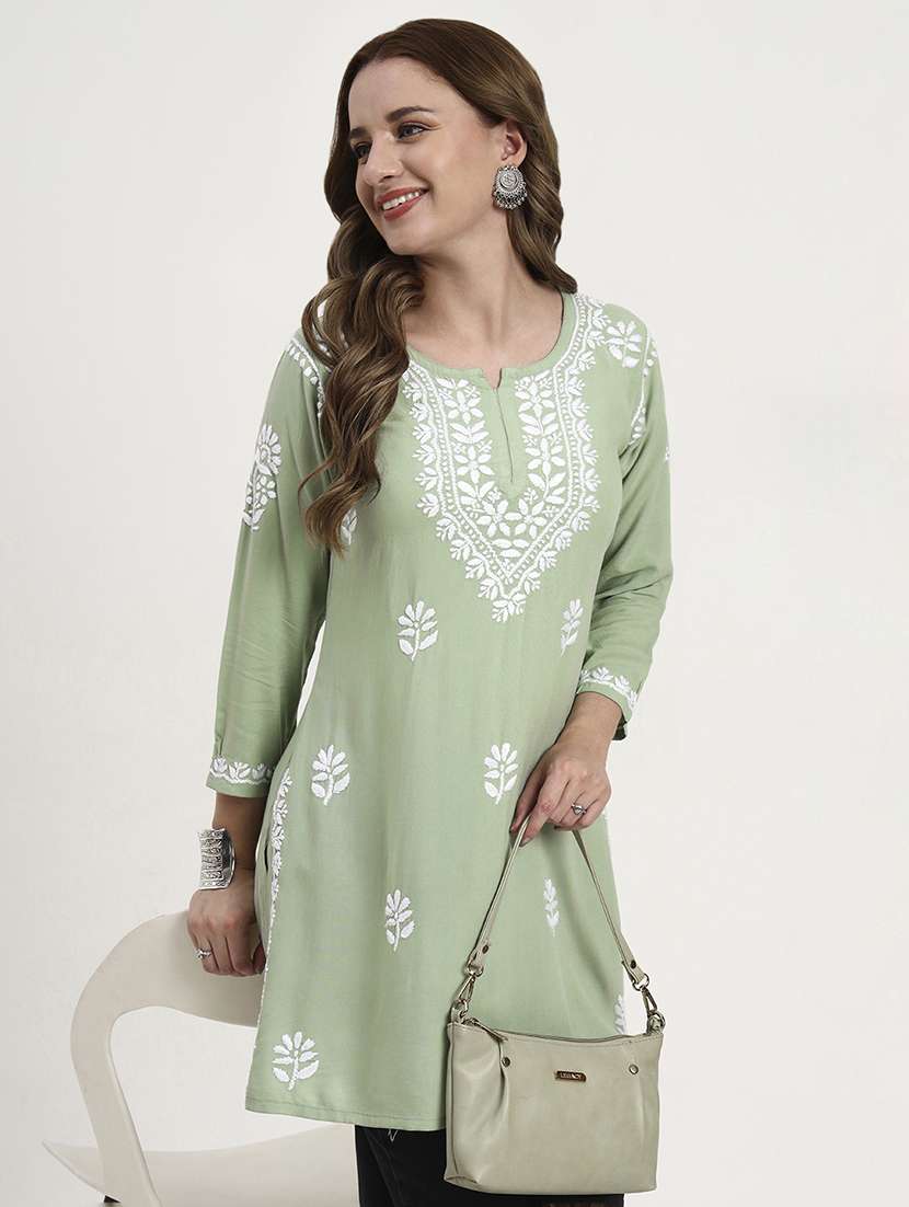 women solid with work long sleeve chikankari straight kurti - 22181365 -  Standard Image - 2