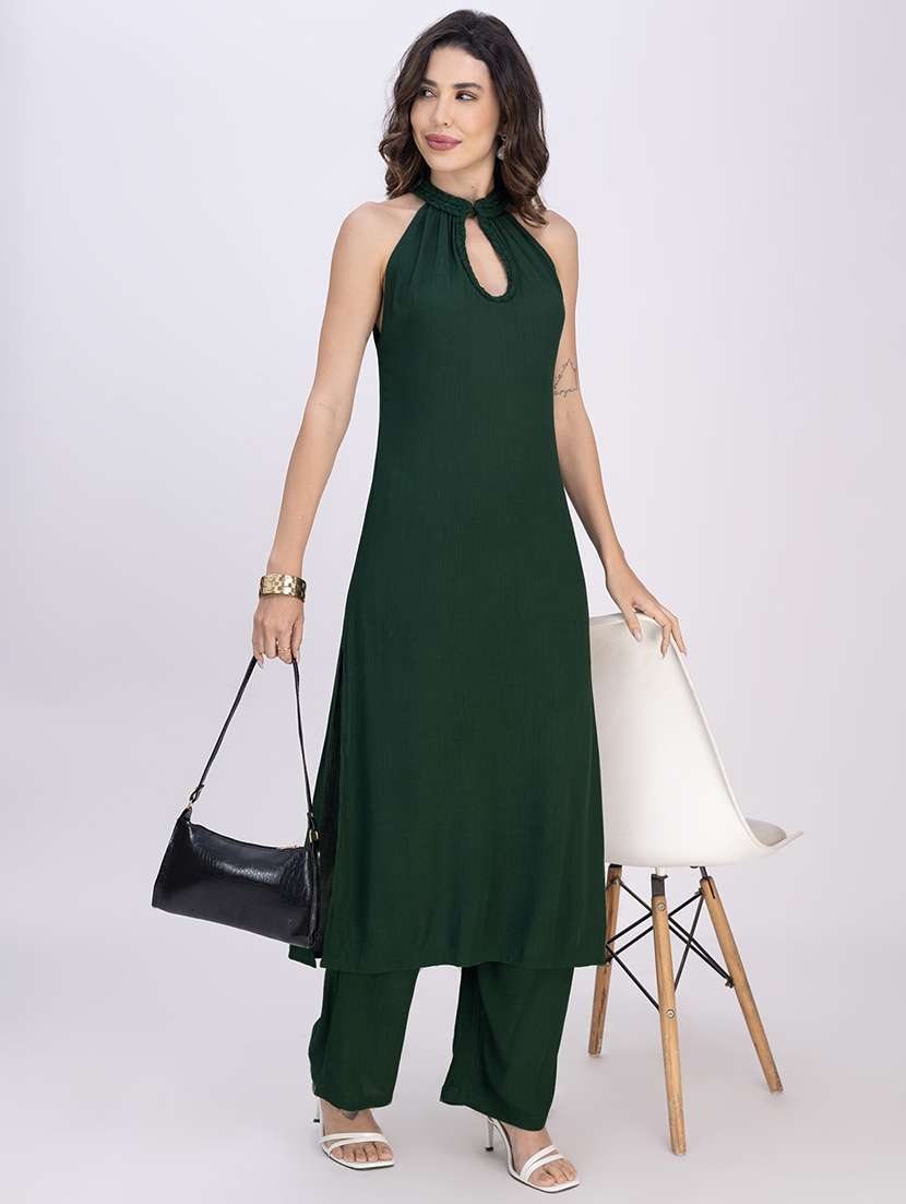 women solid halter neck n a-line kurta