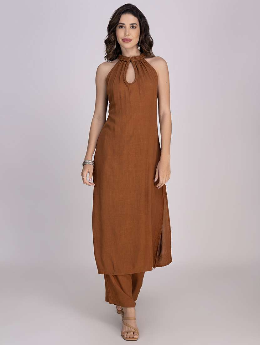 women solid halter neck n a-line kurta