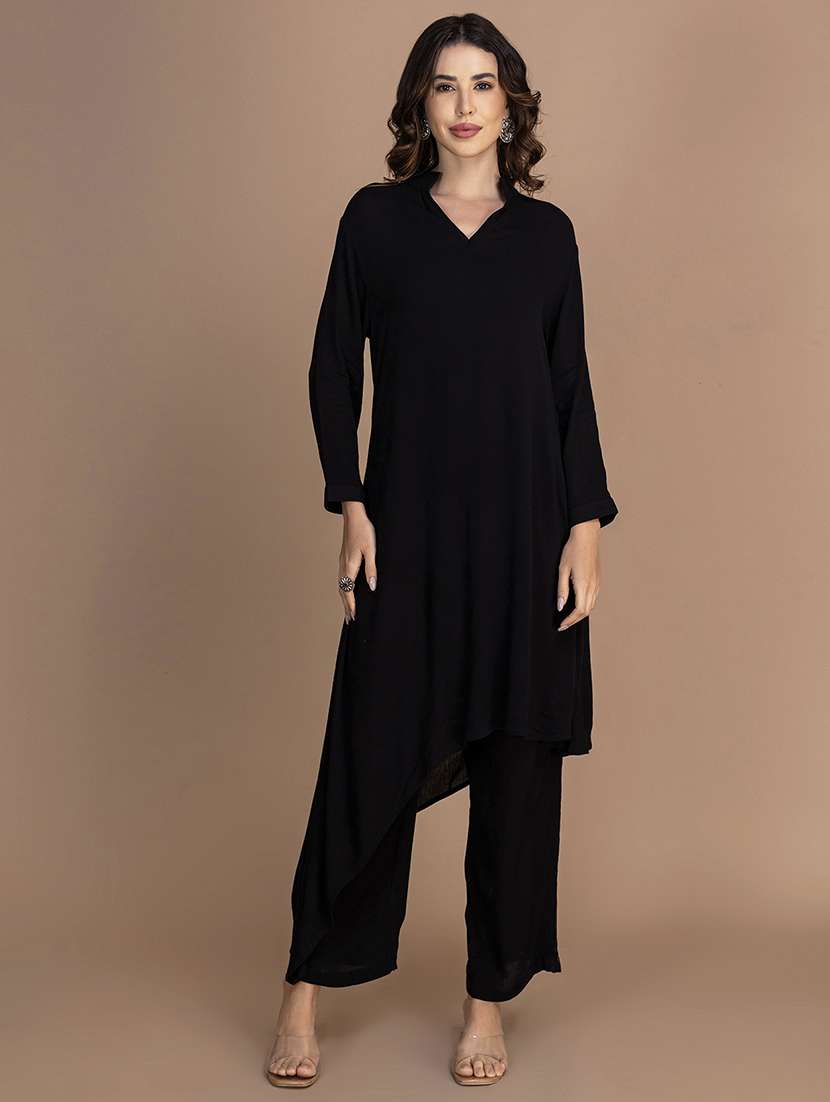 women solid long sleeve asymmetric kurta