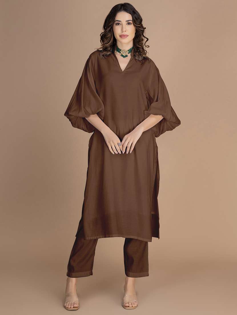 women solid bishop sleeve straight kurta