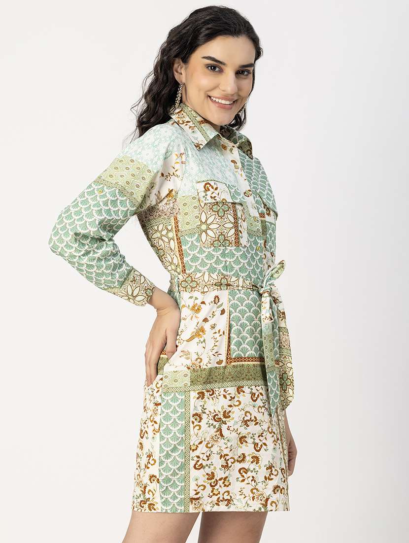 women printed collared long sleeve dress - 22181429 -  Standard Image - 2