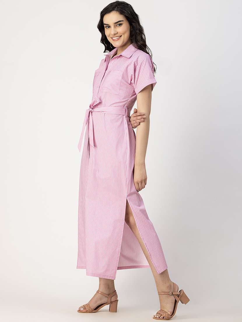 Women Striped Collared Short Sleeve Shirt Dress - 22181430 -  Standard Image - 2
