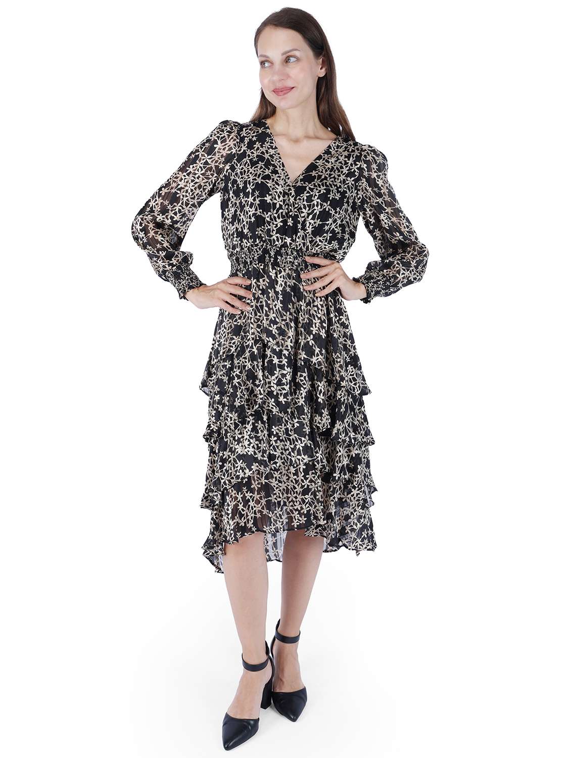 women printed puff sleeve ruffle dress
