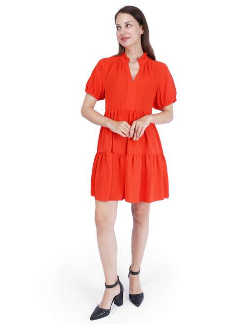 women solid puff sleeve tiered dress - 22181446 -  Standard Image - 0