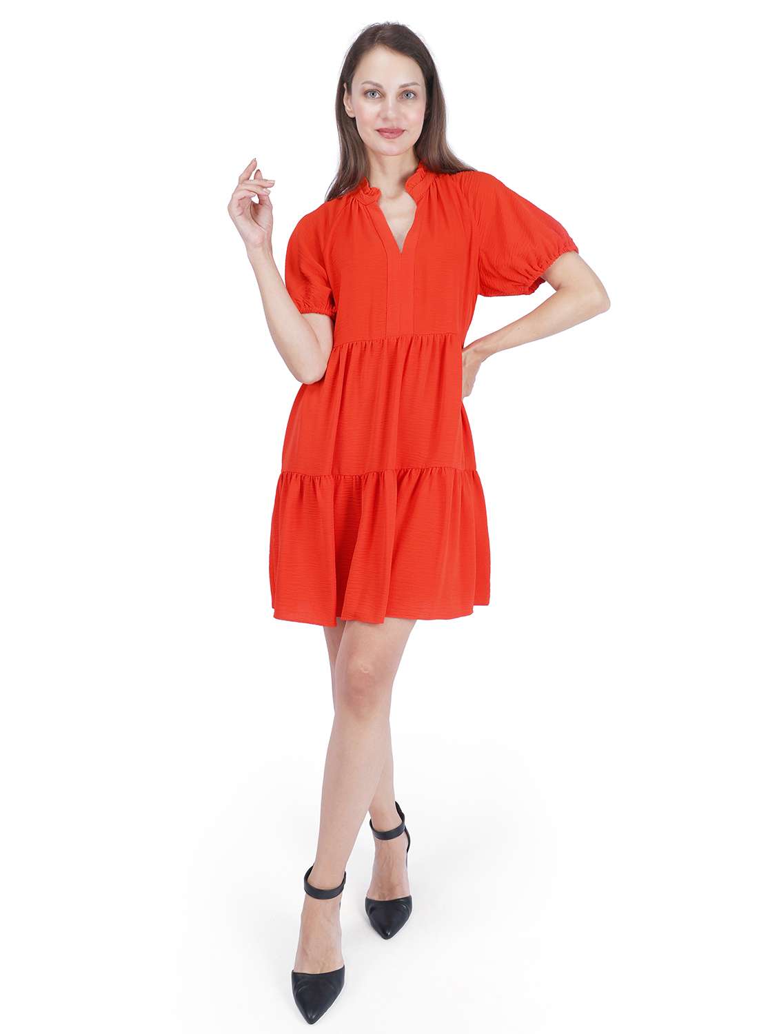 women solid puff sleeve tiered dress - 22181446 -  Standard Image - 2