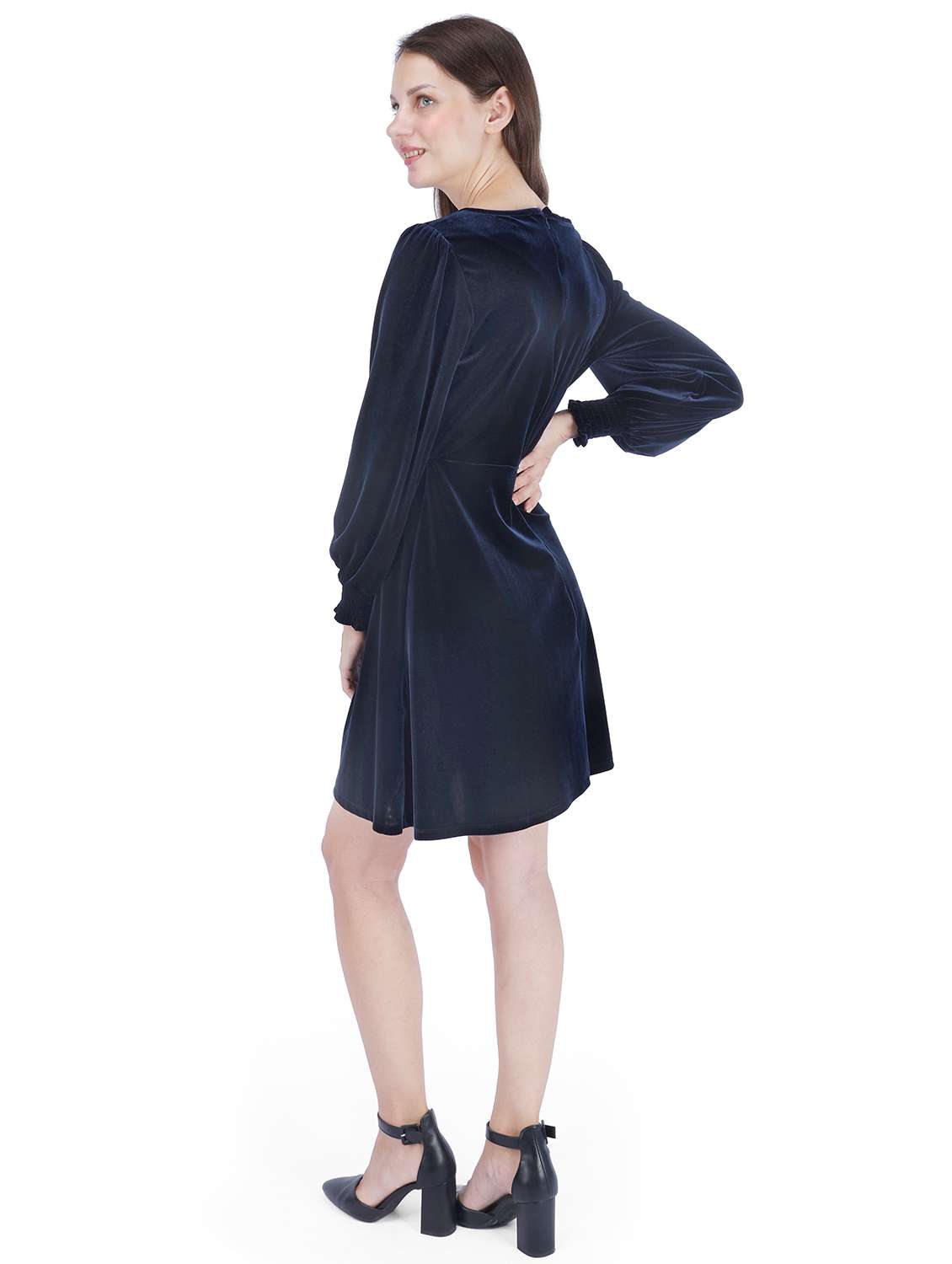 women solid puff sleeve a-line dress - 22181447 -  Standard Image - 2
