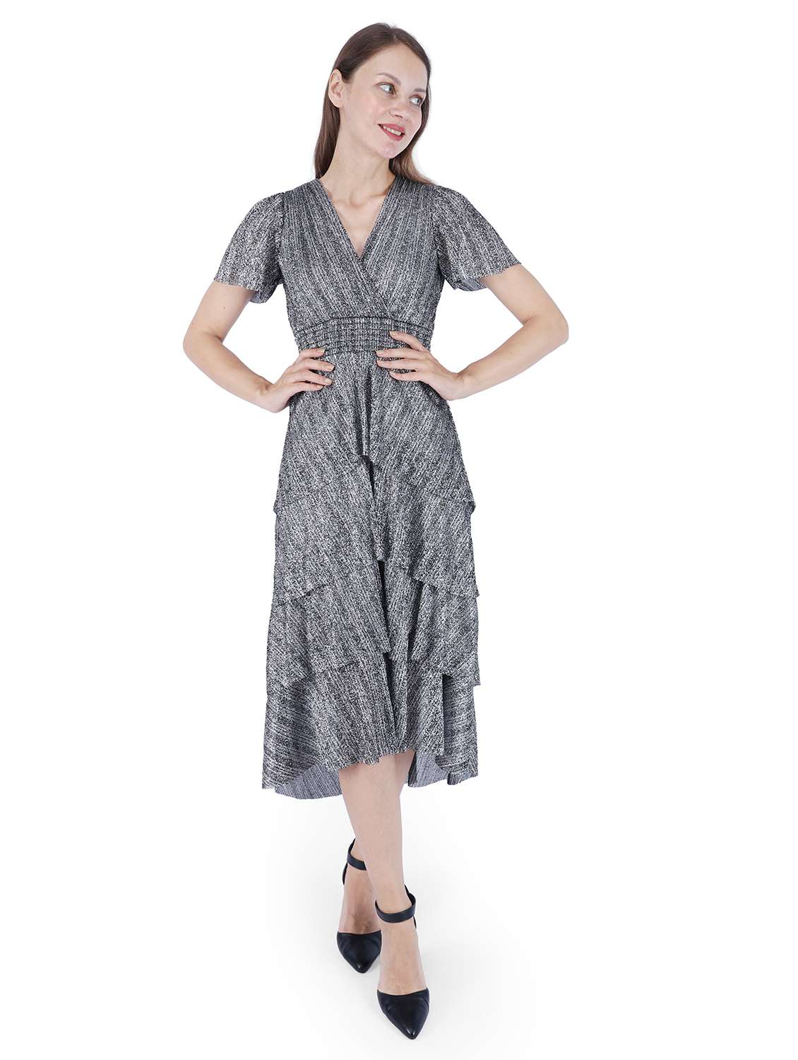 women printed overlap neck layered dress