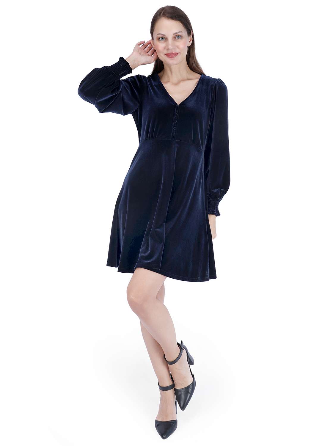 women solid puff sleeve fit & flare dress