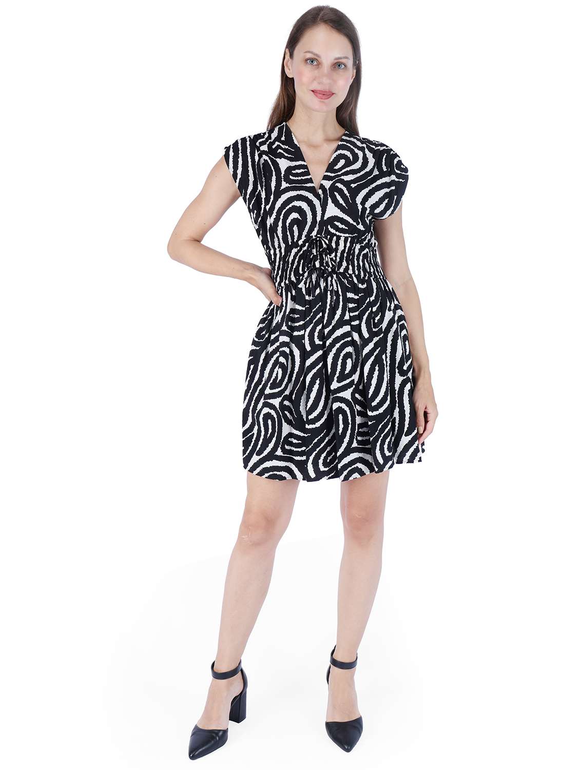 women printed cap sleeve fit & flare dress