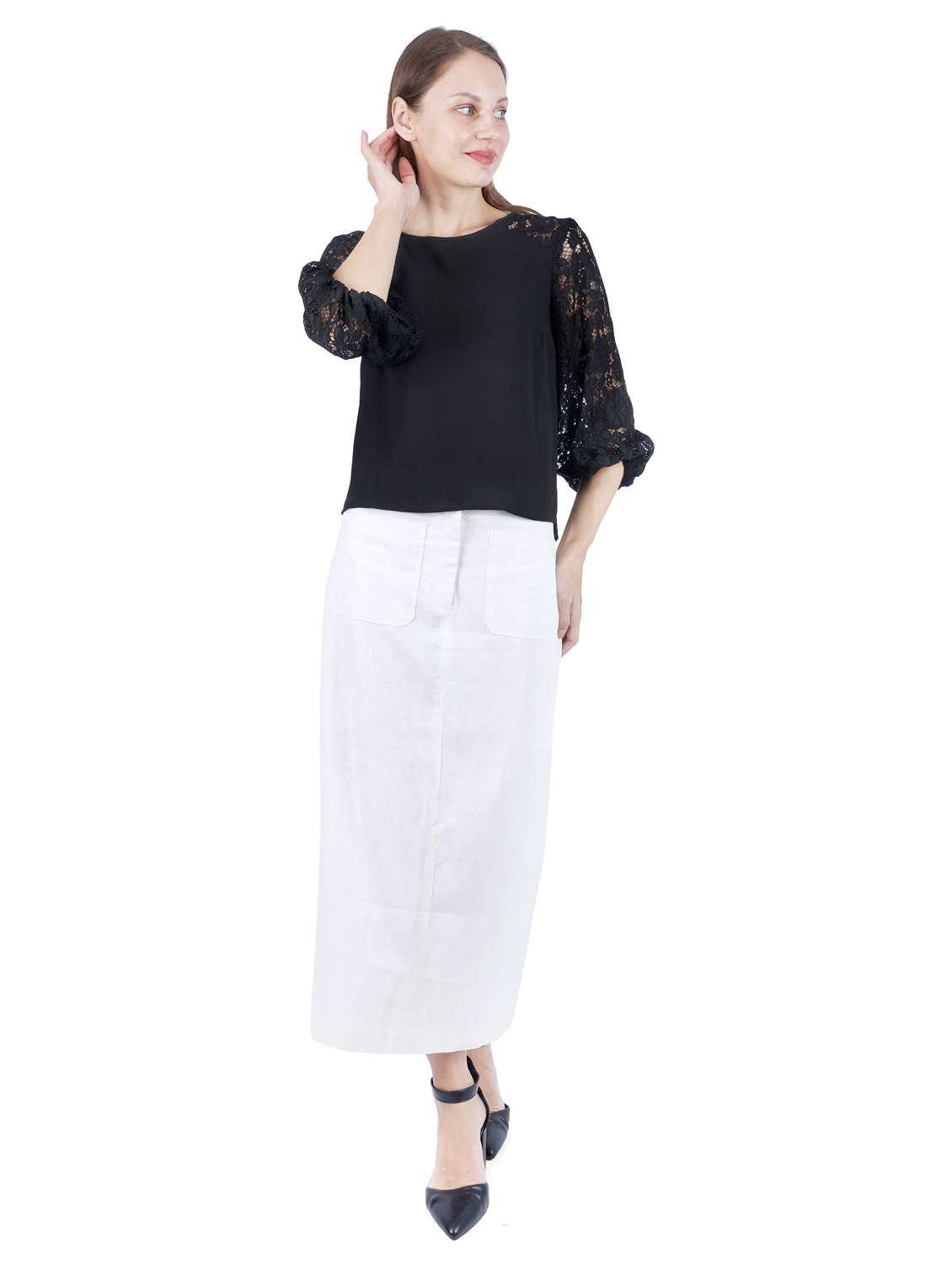 women black solid laced regular top