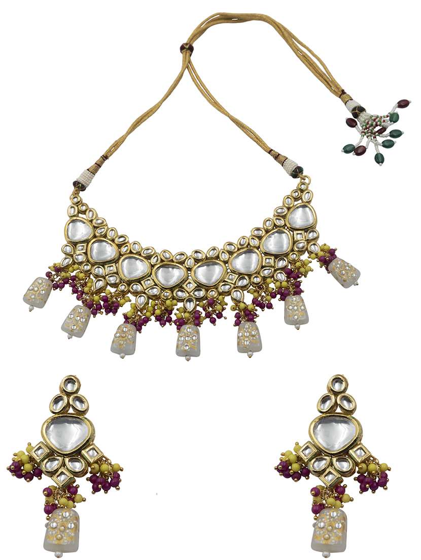 handcrafted kundan grey droplet beads necklace set - 22181490 -  Standard Image - 2