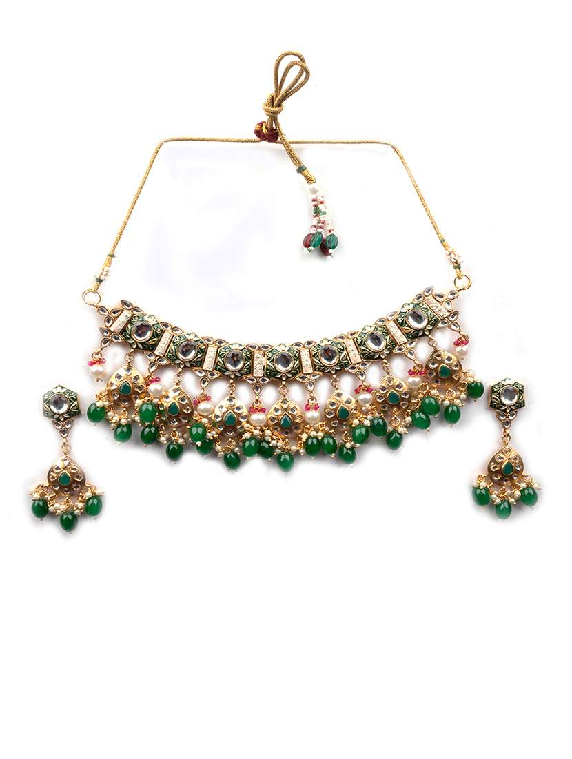 green pearls beaded kundan choker set - 22181493 -  Standard Image - 2