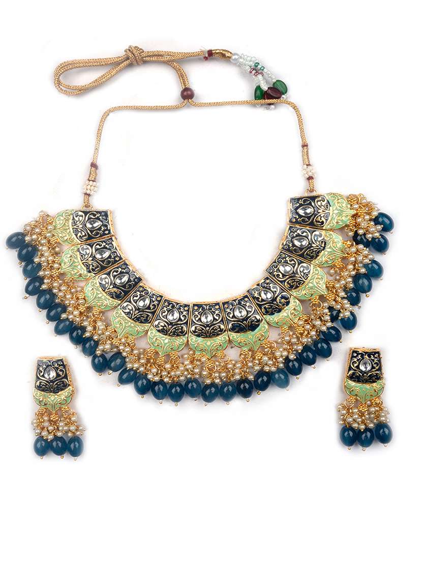 blue kundan meenakari droplet necklace set - 22181497 -  Standard Image - 2
