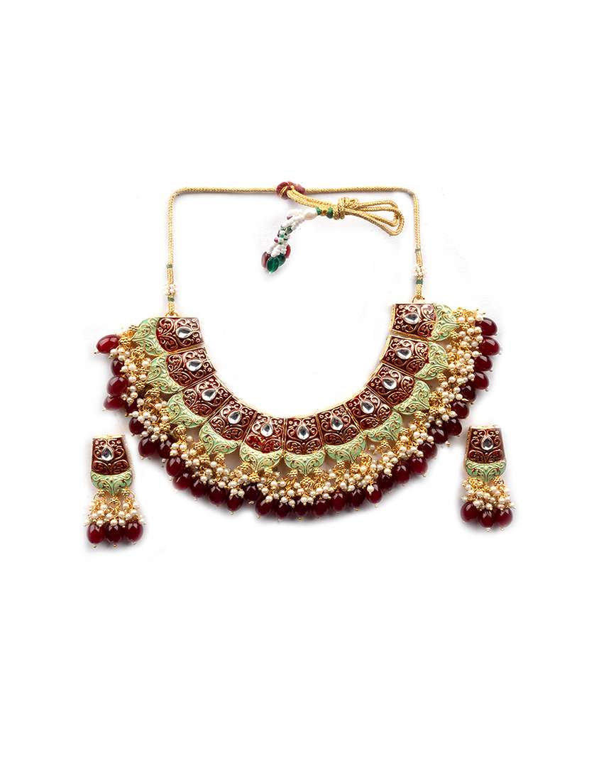 maroon kundan meenakari droplet necklace set - 22181500 -  Standard Image - 2
