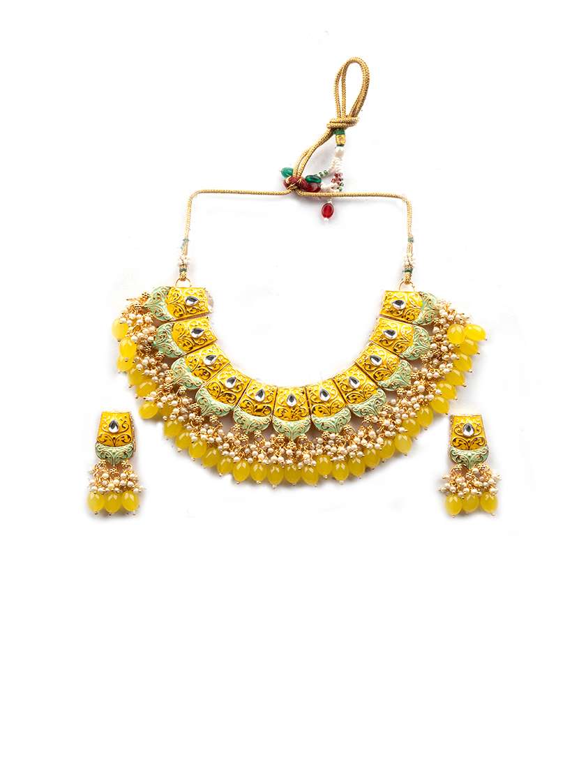 yellow kundan meenakari droplet necklace set - 22181502 -  Standard Image - 2