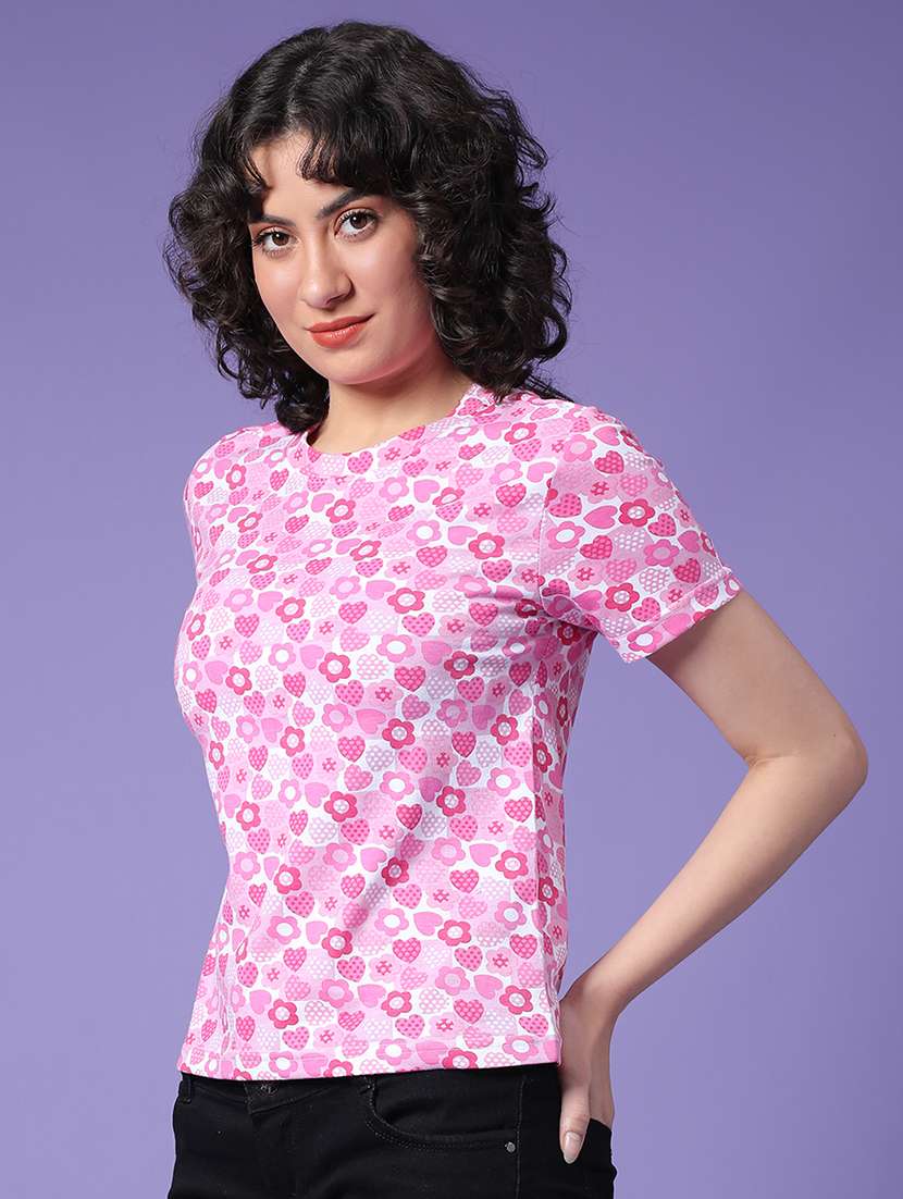 Women Pink Cotton Blend Regular T-shirt - 22181652 -  Standard Image - 2