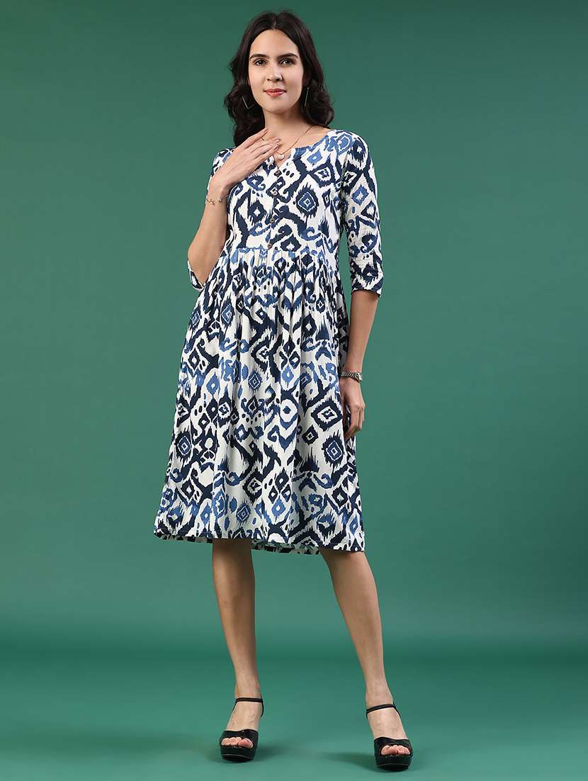 women printed three quarter sleeve a-line dress - 22181826 -  Standard Image - 2