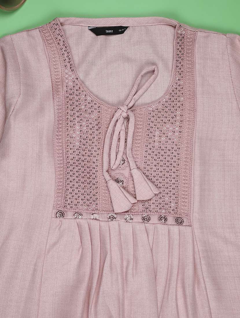 girls solid with work three quarter sleeve top - 22181850 -  Standard Image - 2