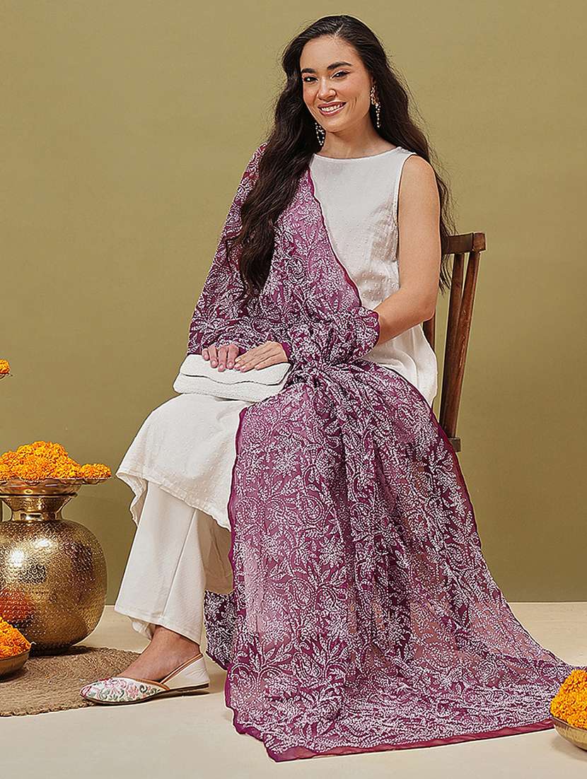 women solid with work chikankari dupatta - 22182115 -  Standard Image - 2