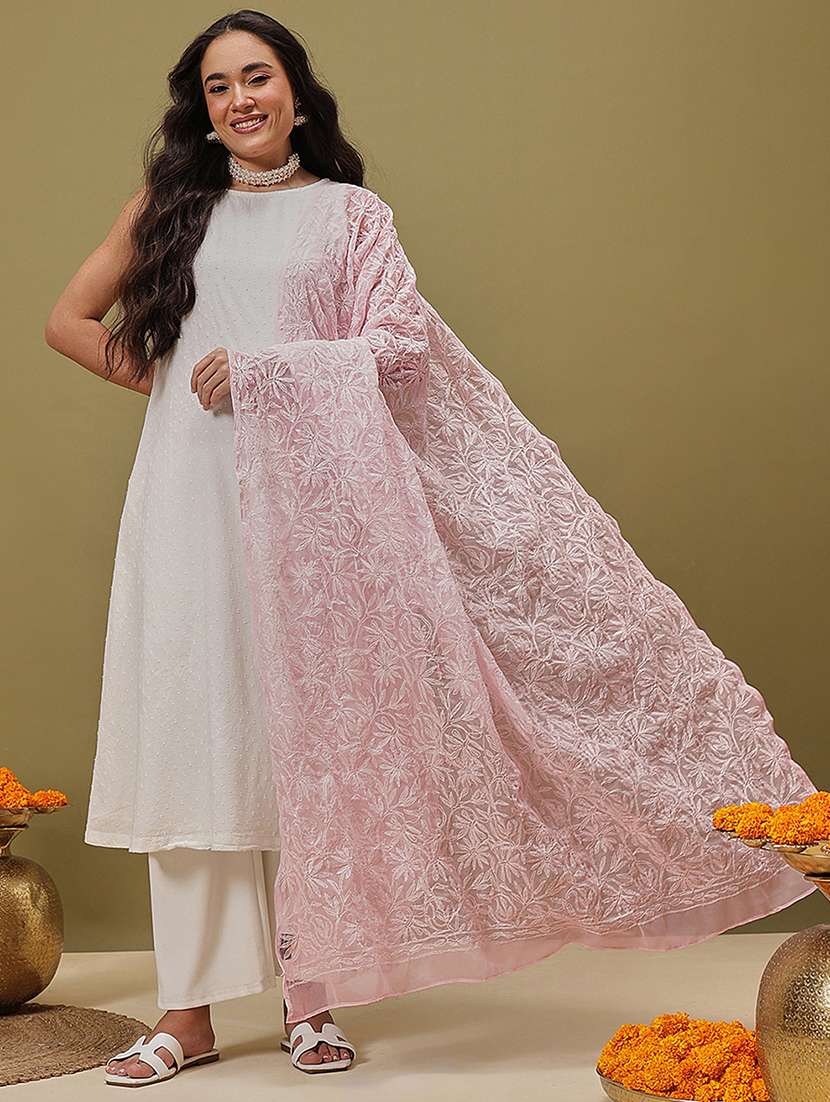 women solid with work chikankari dupatta