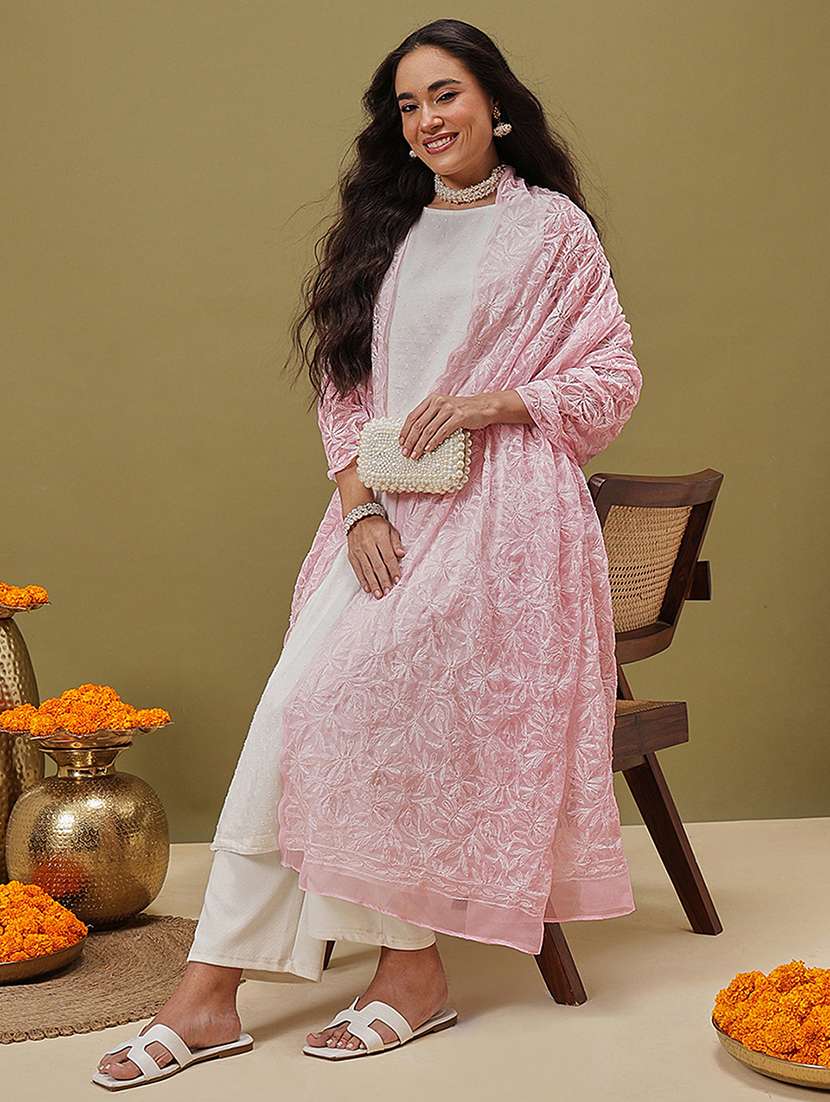 women solid with work chikankari dupatta - 22182117 -  Standard Image - 2