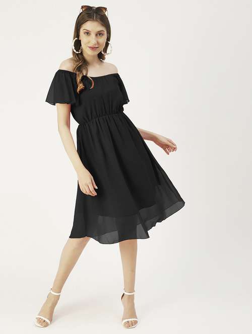 women black solid off shoulder a-line dress - 22182137 -  Standard Image - 0