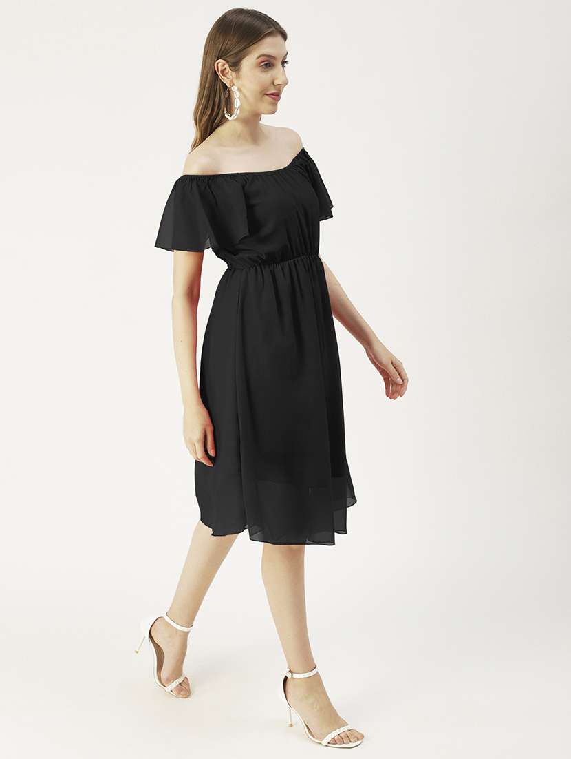 women black solid off shoulder a-line dress - 22182137 -  Standard Image - 2
