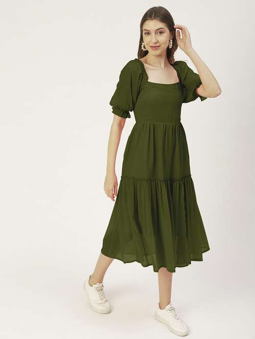 women olive solid puff sleeve tiered dress - 22182138 -  Standard Image - 0