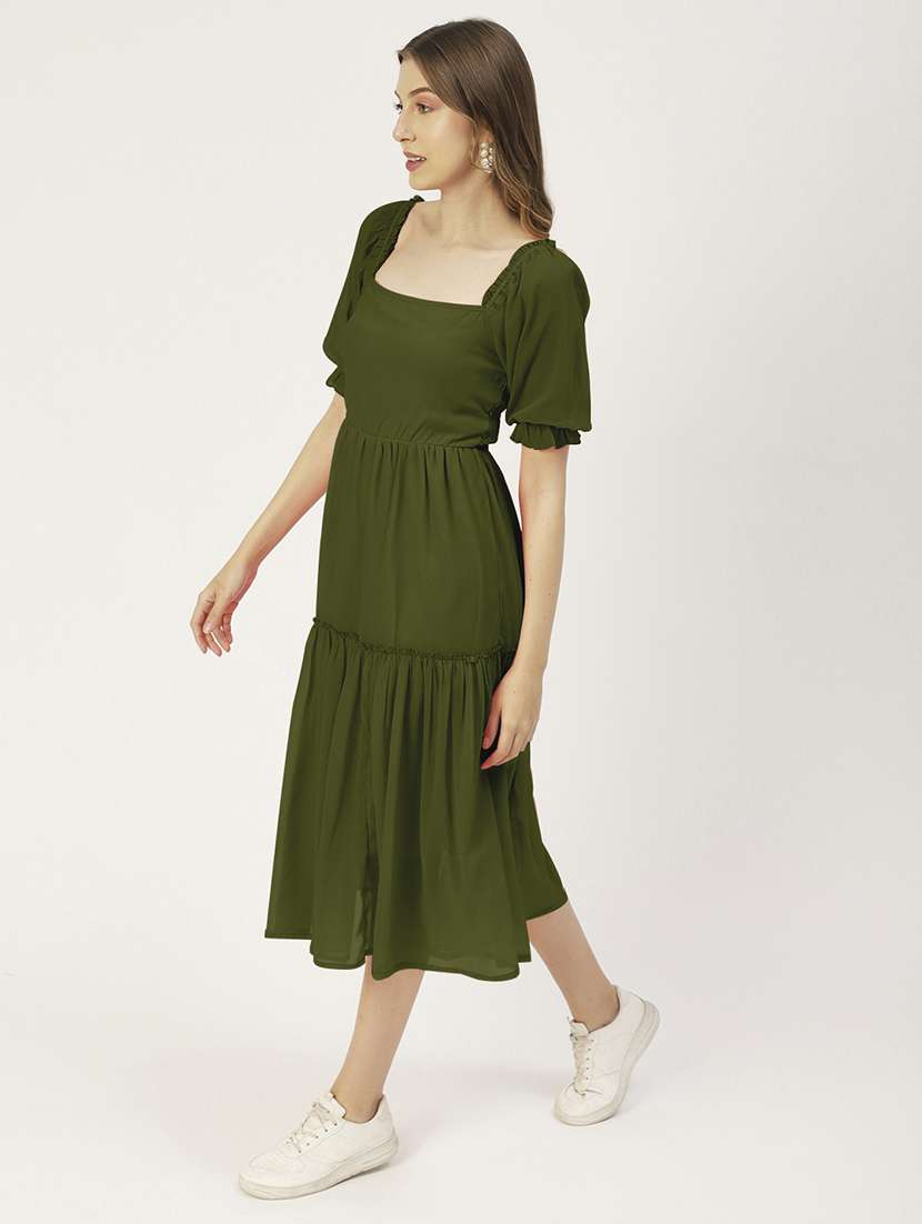 women olive solid puff sleeve tiered dress - 22182138 -  Standard Image - 2
