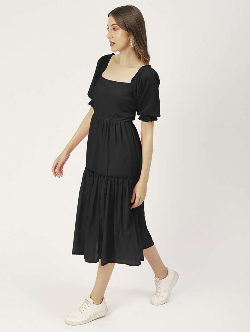 women black solid puff sleeve tiered dress - 22182139 -  Standard Image - 2
