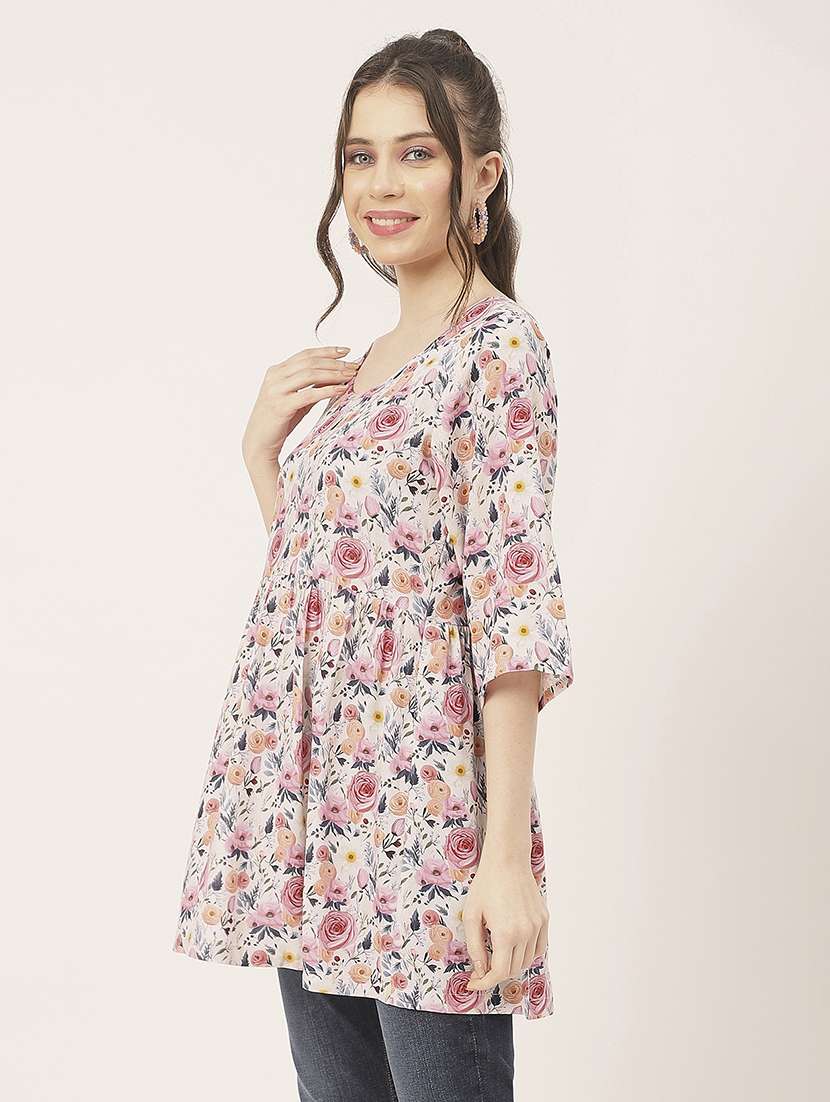 women floral print three quarter sleeve flared tunic - 22182143 -  Standard Image - 2