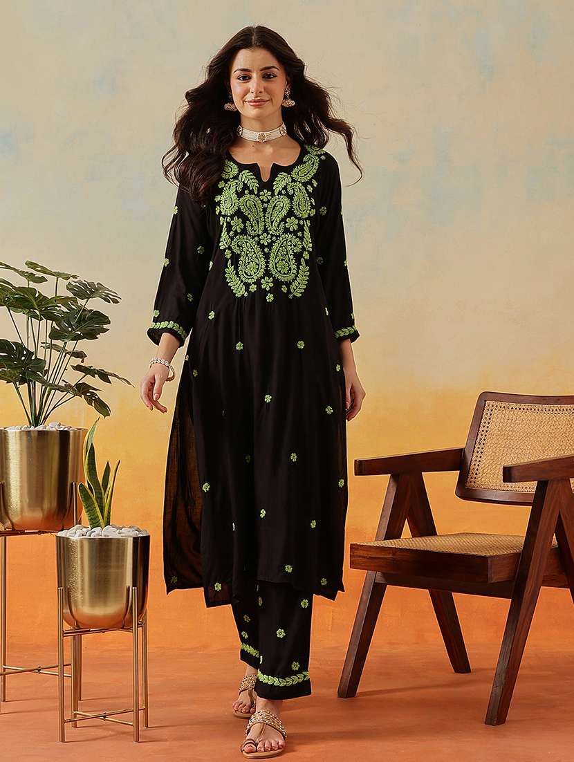 women solid with work long sleeve kurta pant set - 22182147 -  Standard Image - 2