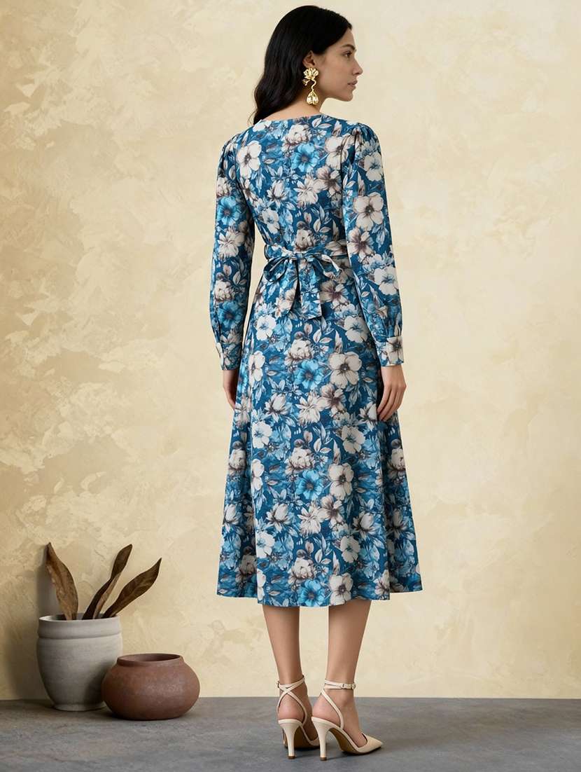 globus women blue cowl neck cuffed sleeves floral print front slit midi a-line dress with belt - 22182164 -  Standard Image - 2