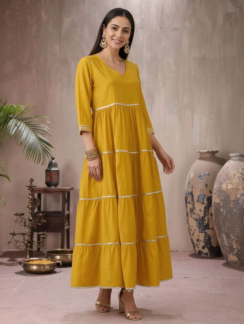 globus women yellow v-neck sequinned tie-up detail gotta patti tiered fit & flare maxi festive dress