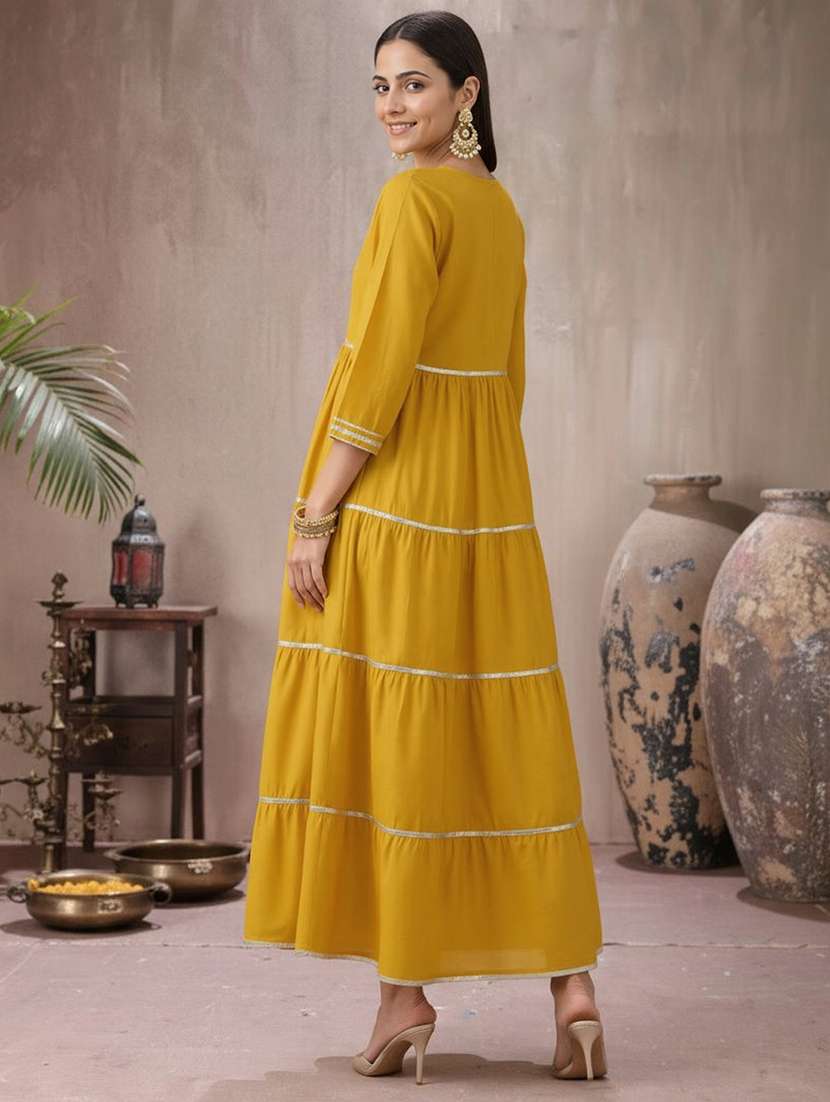 globus women yellow v-neck sequinned tie-up detail gotta patti tiered fit & flare maxi festive dress - 22182167 -  Standard Image - 2