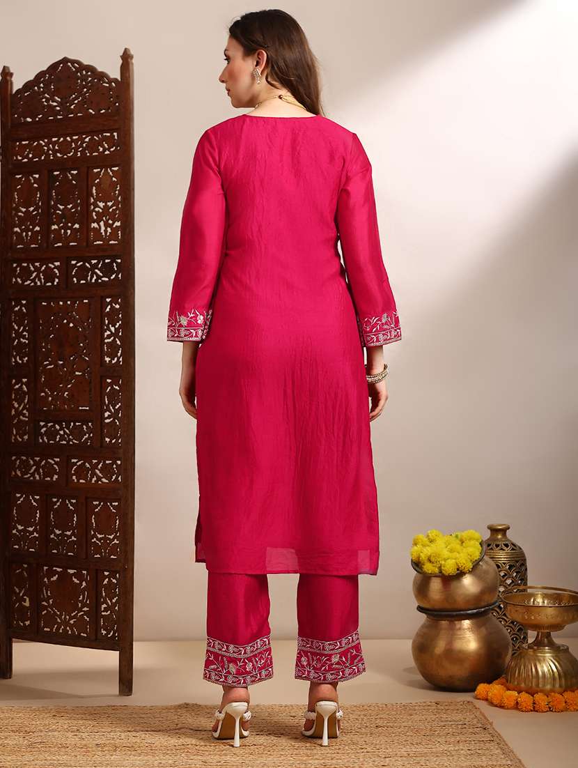 globus women pink floral embroidered v-neck bell sleeves straight kurta with pants festive set - 22182171 -  Standard Image - 2