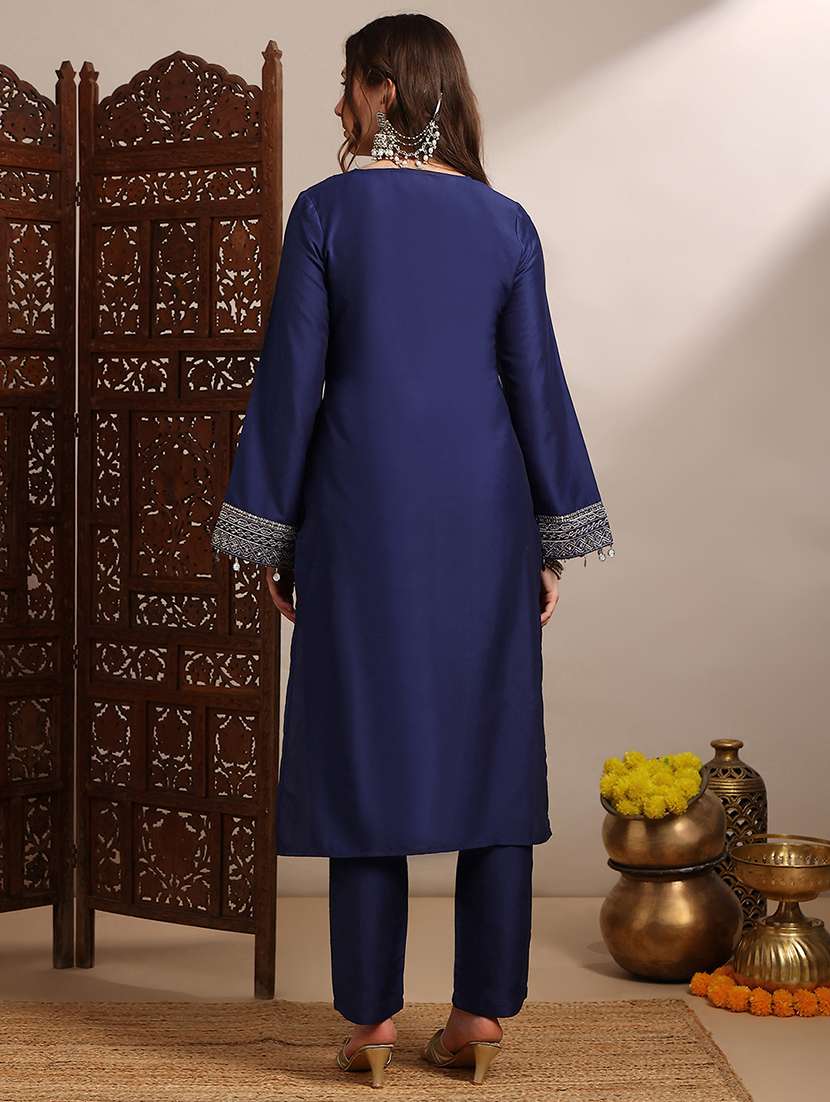 globus women blue sequin zari embroidered v-neck bell sleeves coin detail hem straight kurta with pants festive set - 22182174 -  Standard Image - 2