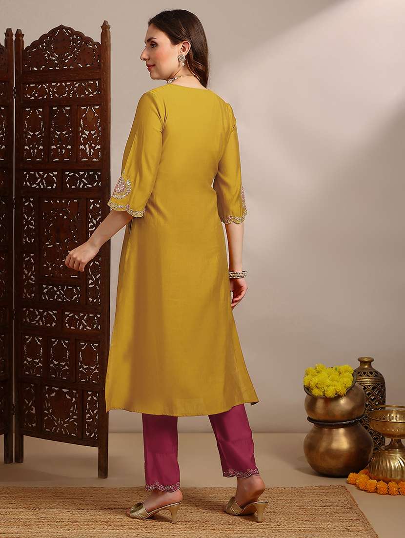 women solid with work bell sleeve kurta pant set - 22182176 -  Standard Image - 2