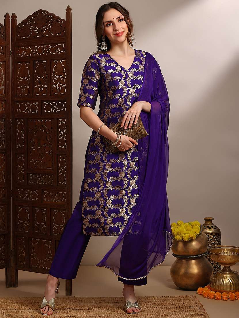 globus women purple v-neck short sleeves floral woven design straight kurta with pants & taping dupatta festive set