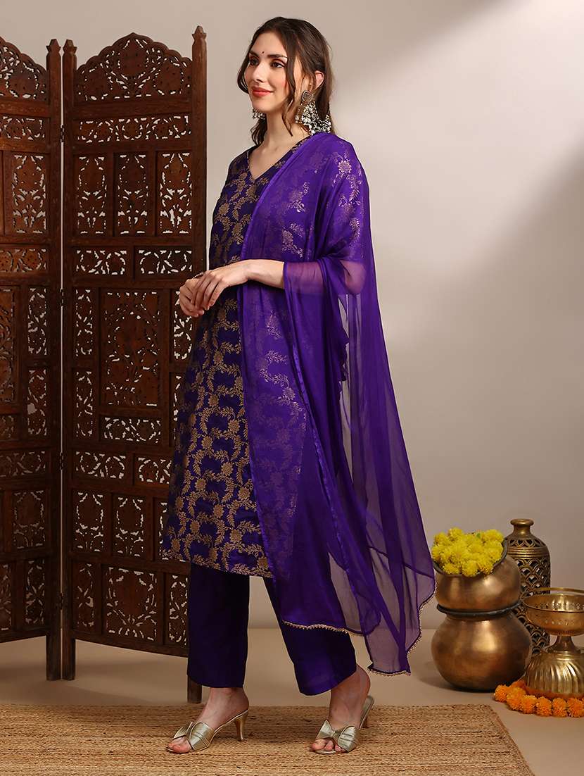 globus women purple v-neck short sleeves floral woven design straight kurta with pants & taping dupatta festive set - 22182178 -  Standard Image - 2