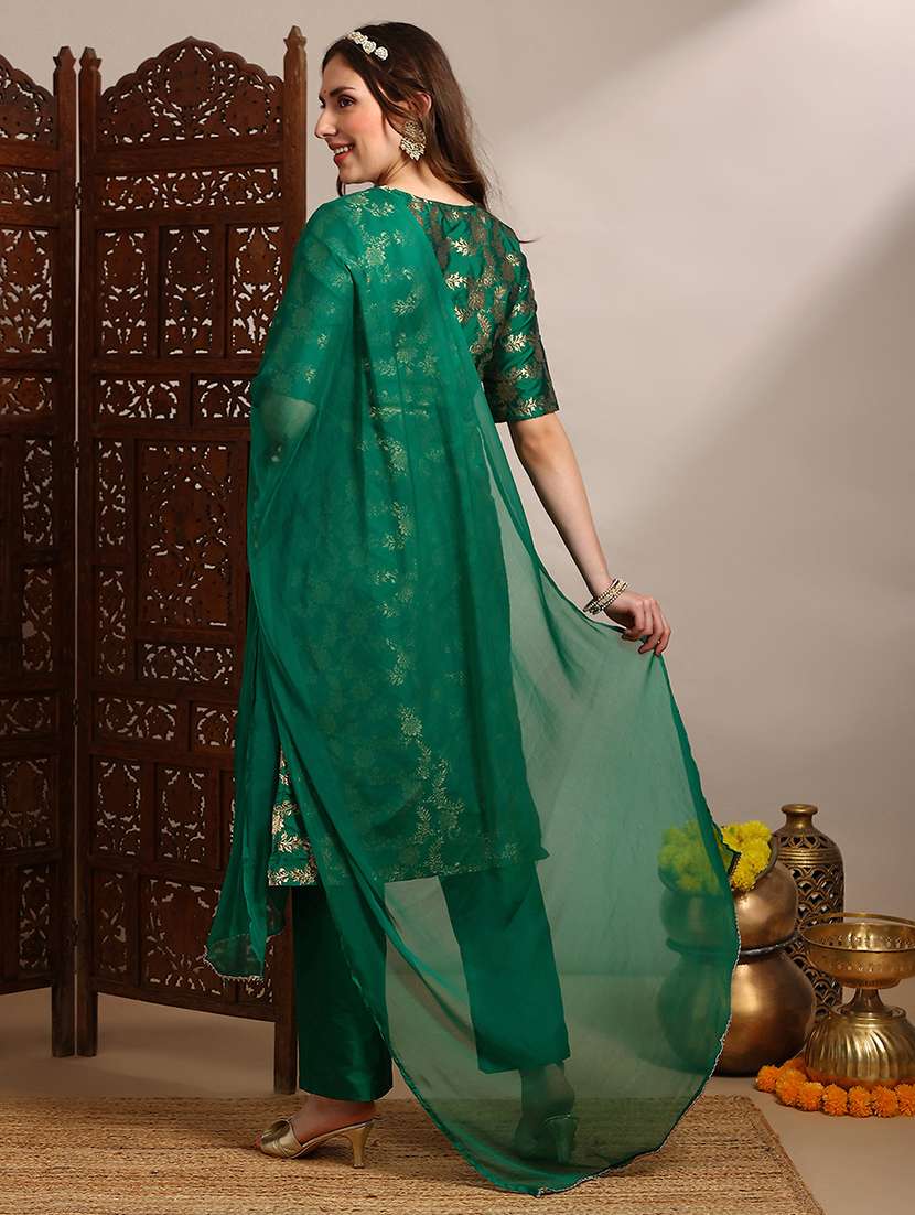 globus women green v-neck short sleeves floral woven design straight kurta with pants & taping dupatta festive set - 22182179 -  Standard Image - 2