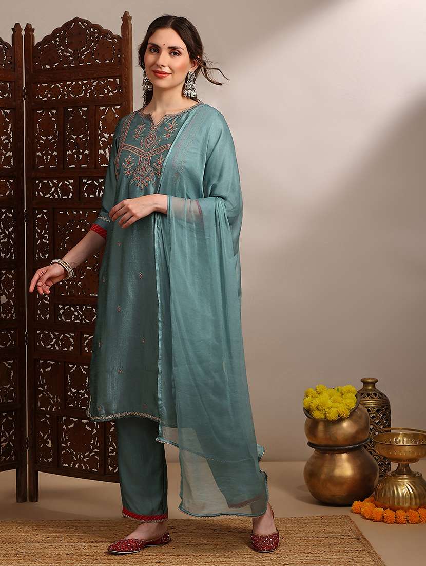 globus women teal zari embroidered yoke straight kurta with wide leg pants & taping dupatta festive set