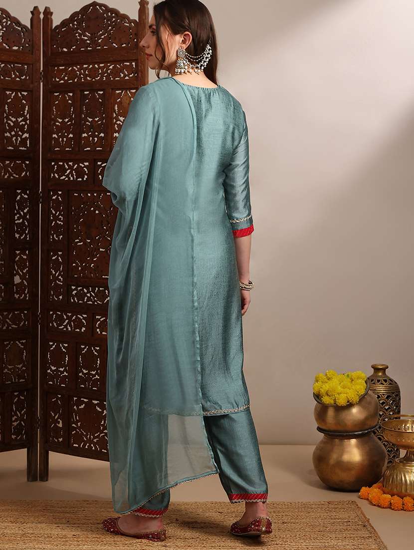 Globus Women Teal Zari Embroidered Yoke Straight Kurta With Wide Leg Pants & Taping Dupatta Festive Set - 22182180 -  Standard Image - 2